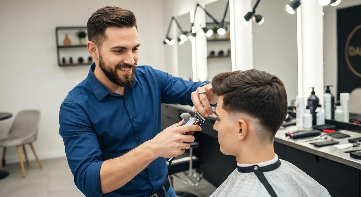 Male stylist giving a trendy haircut in a modern barbershop, emphasizing men's grooming and style