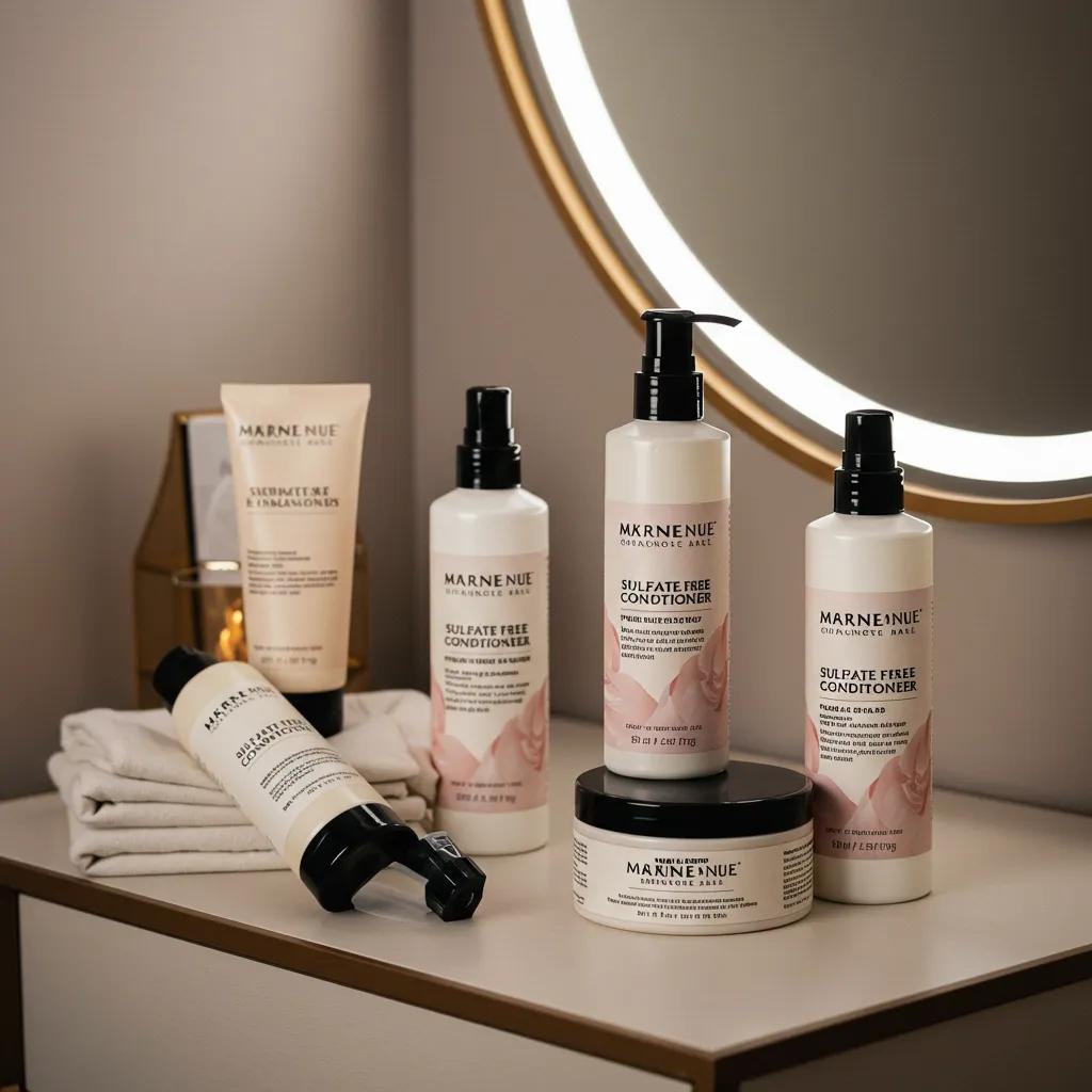 Stylish display of hair care products for extensions, including sulfate-free shampoo and conditioner on a vanity