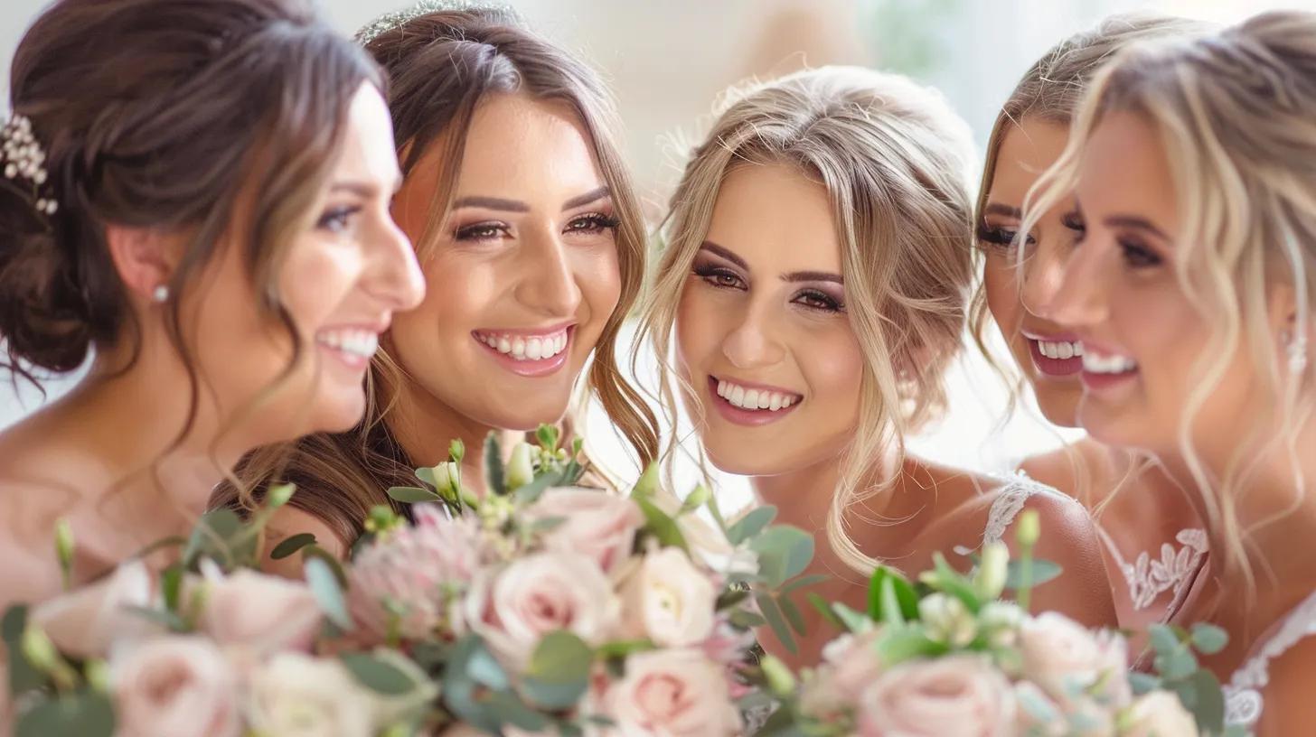 Generate a stunning hairstyle for wedding to showcase our service. generate a happy bride with hair styled hair for wedding, with happy bridesmaids smiling for the bride. these bridesmaids has stunning hair style as well