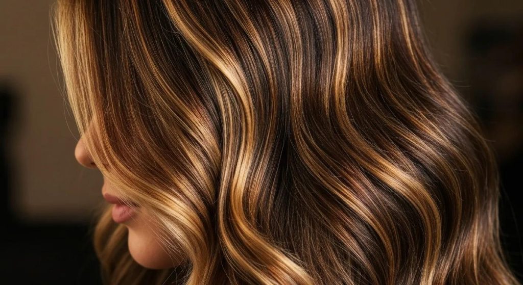 A detailed view of hair showcasing balayage and highlights, highlighting its depth and dimension
