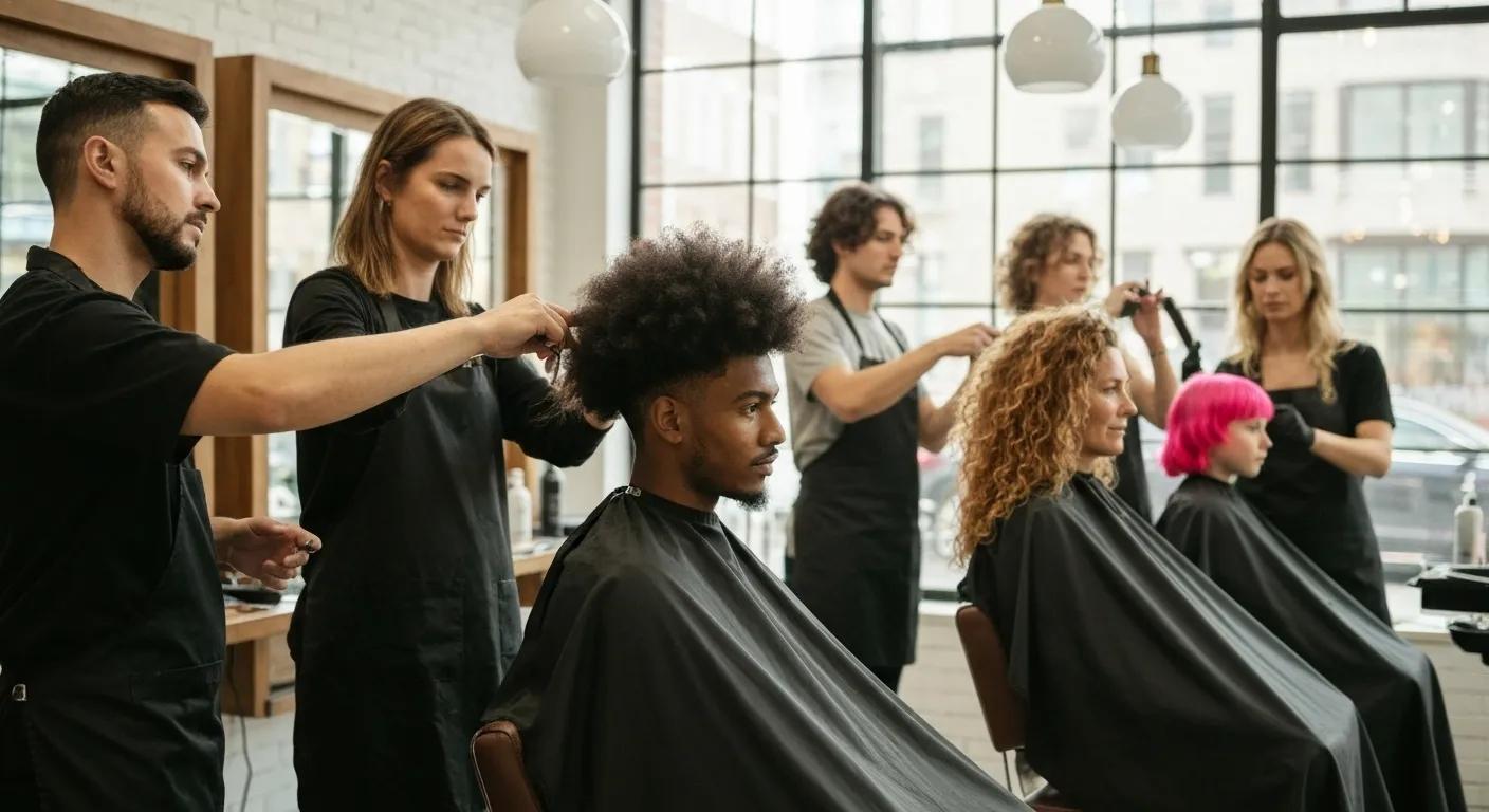 A diverse group of clients receiving precision haircuts in a stylish salon, showcasing personalised hairdressing for men, women, and children