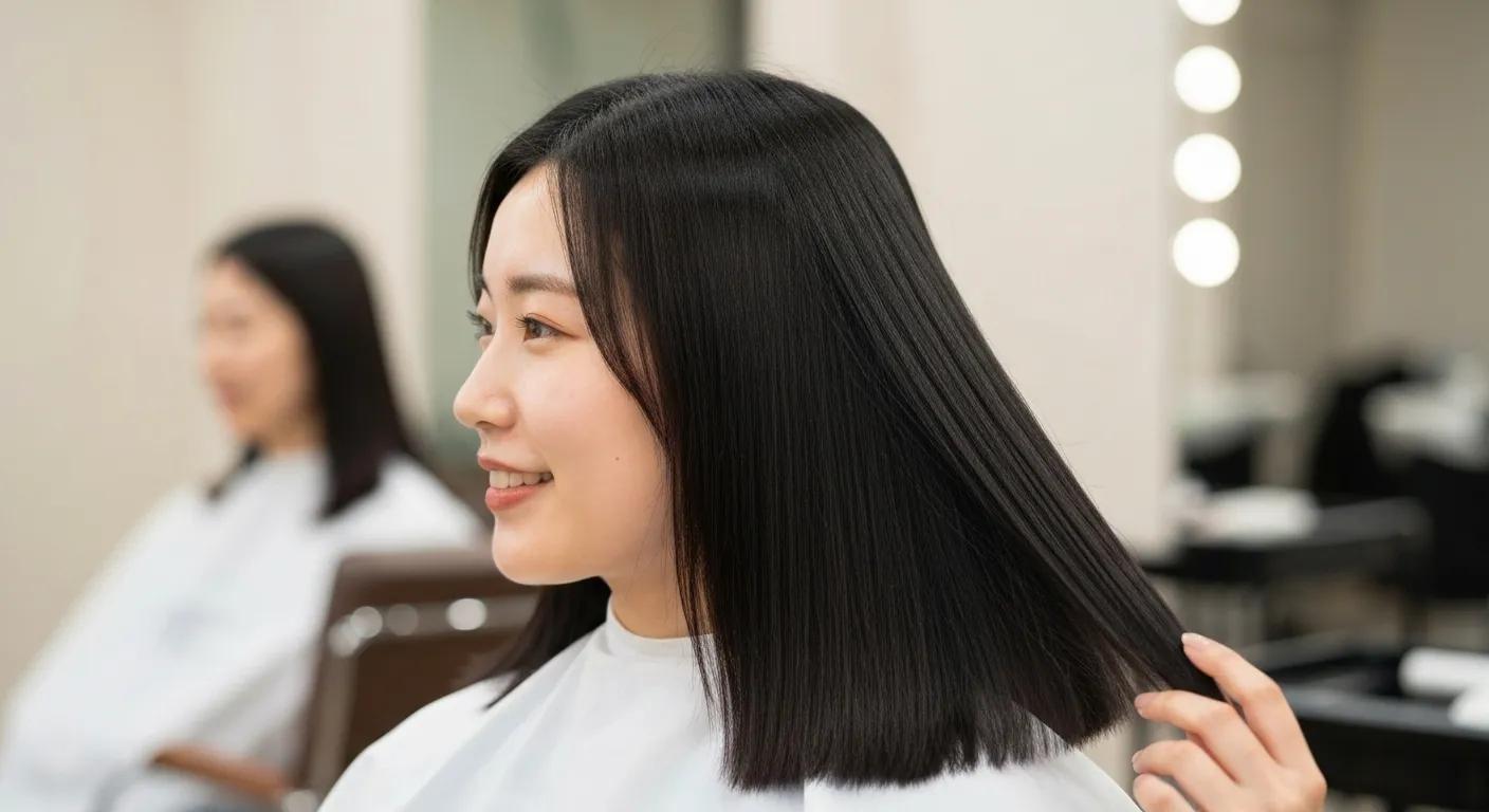 Client enjoying the smooth, sleek results of a Japanese hair straightening treatment