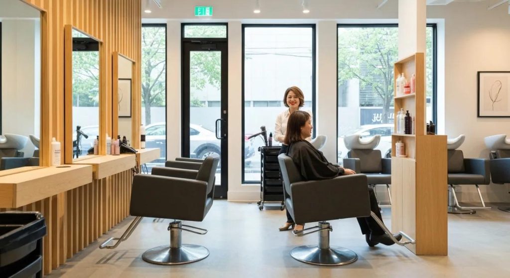 A chic and modern hair salon interior, featuring a comfortable client chair and a skilled stylist, conveying a welcoming and professional atmosphere