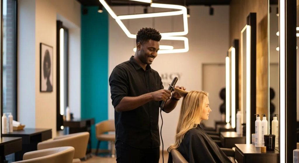 Stylish interior of Hairacy salon with a hairdresser attending to a client, showcasing premium hair care services