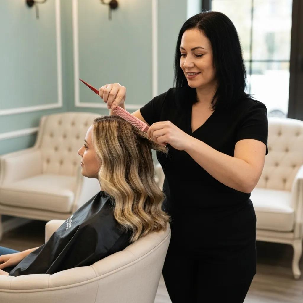 Client enjoying a keratin hair treatment in a salon, highlighting the smoothing and revitalising benefits