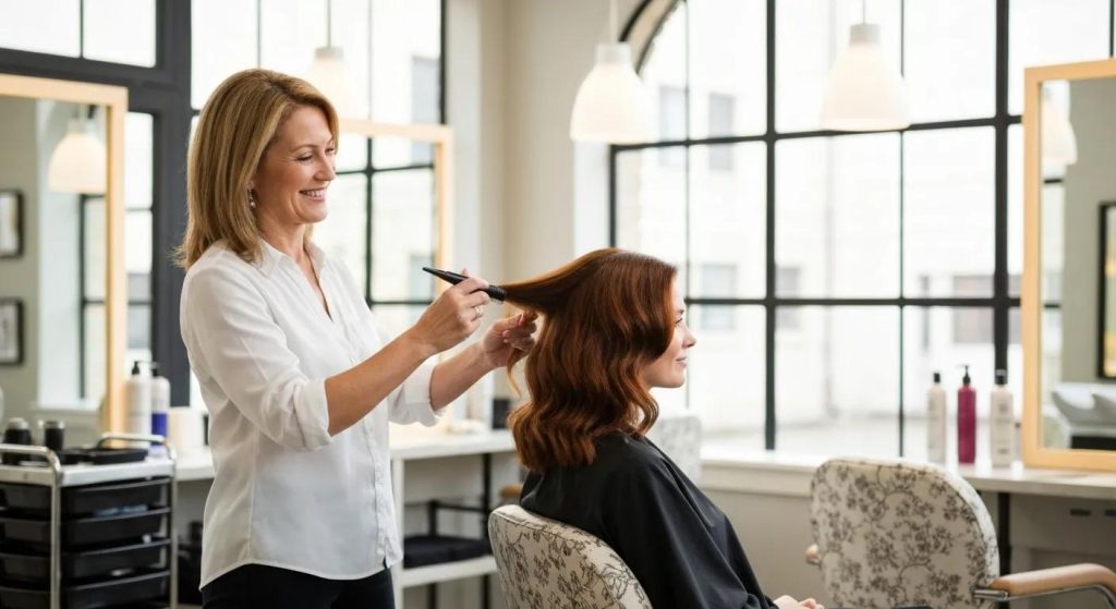 A skilled hairdresser expertly styling a client's hair in a chic, modern salon setting, highlighting professional hair services and a welcoming atmosphere