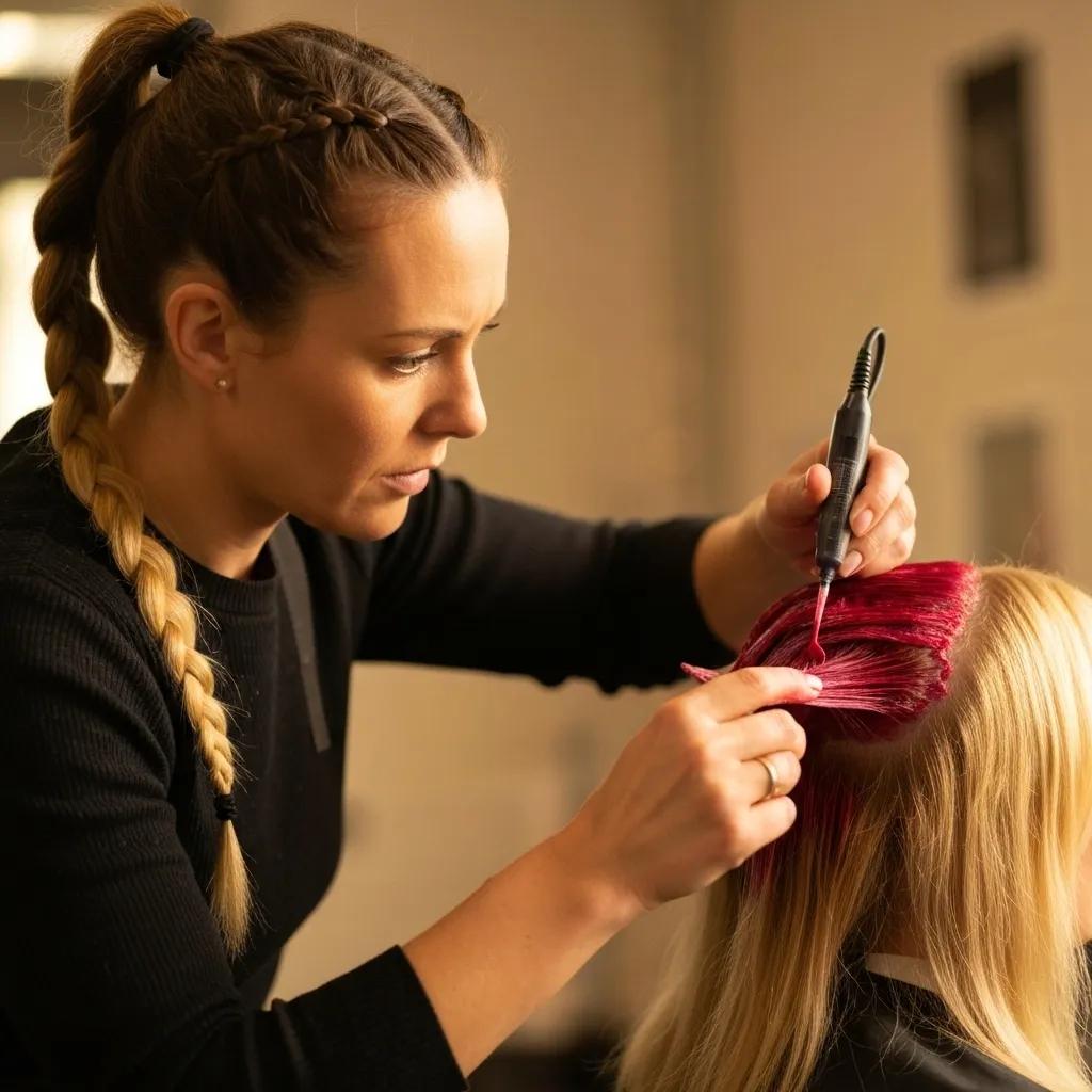 Hair stylist meticulously applying hair dye, demonstrating precision in expert hair colouring